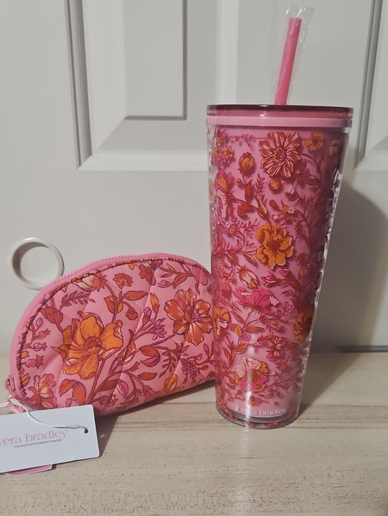 Vera Bradley Accessories - Vera Bradley NWT Pink and Orange Floral Zip Pouch With Tumbler Bundle
